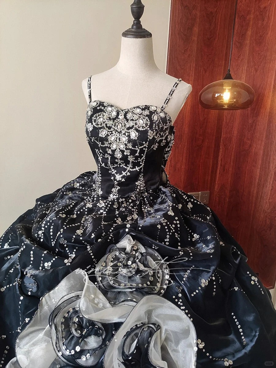 Girlhomeshops - Robes de Quinceanera noires et blanches, magnifique robe longue en tulle noir perlé, robes de bal, robe de princesse pour adulte, robe pour 16 ans gh5291