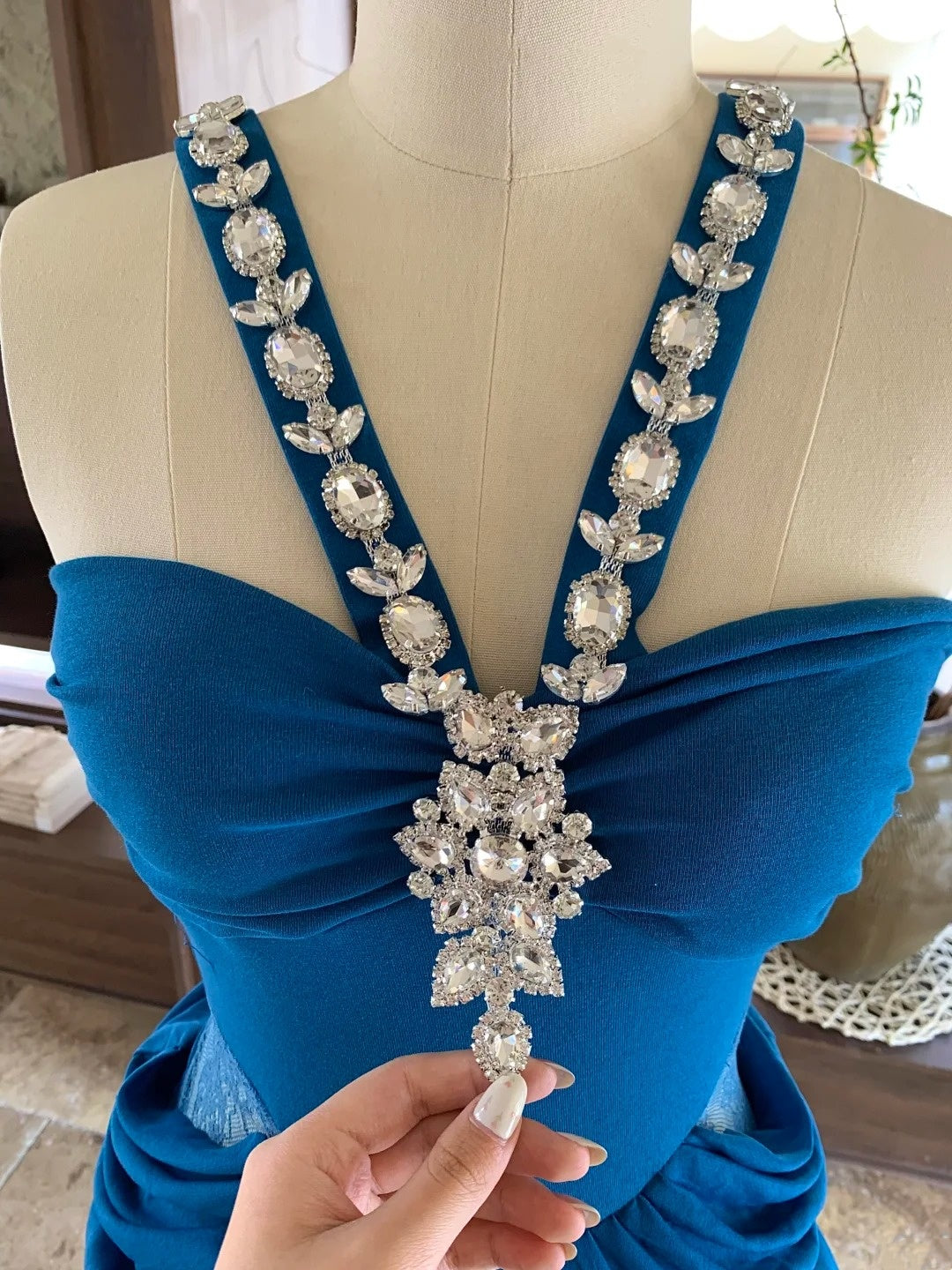 Blue Exquisite Bead Embellishment Long Satin Formal Prom Dress gh6769