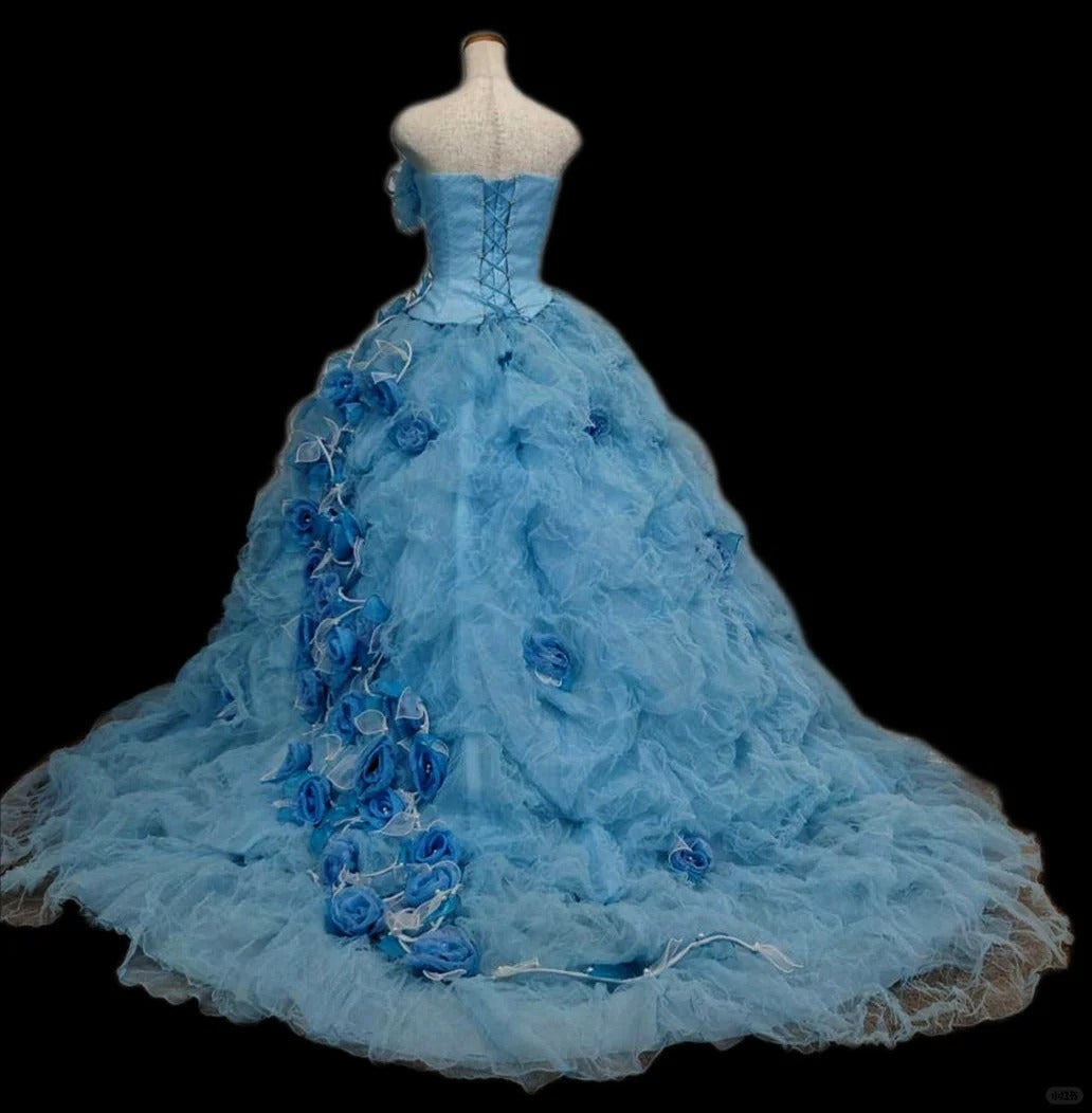 Girlhomeshops-Blue floral fashionable gorgeous elegant long tulle ball gown gh5322