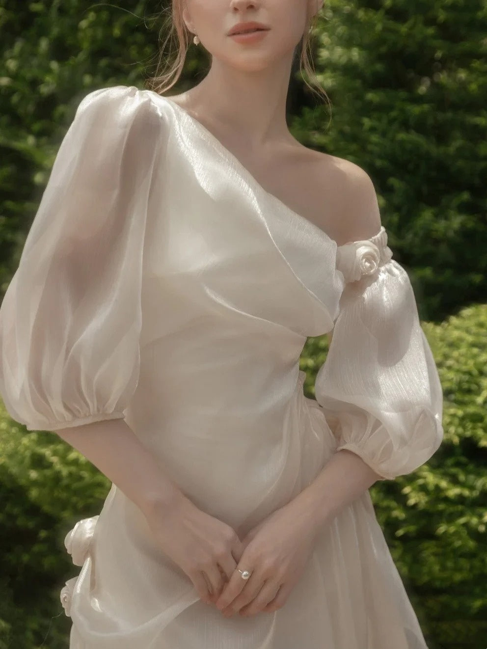 girlhomeshops-🕊One Shoulder Flower Long Fairy Dress White Moonlight Female Lead's Favorite Fairy Dress gh5907