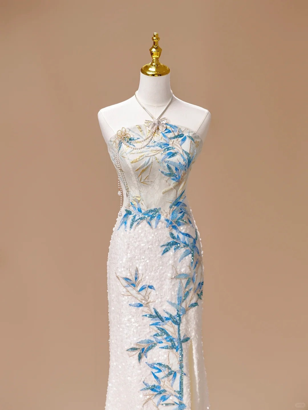 White Luxury Gorgeous Shiny Unique Fashion Elegant Exquisite Floral Bamboo Beads Sequins Suspender Long Ball Dress Evening Dress Bridal Wedding Reception Dress Prom Dress gh4026