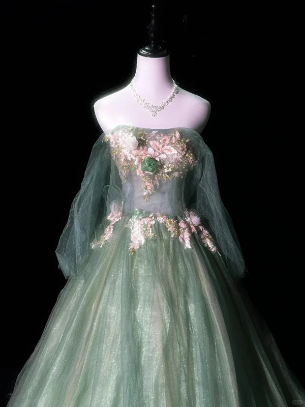 Robe de soirée longue en tulle vert délicat à fleurs, robe de bal, robe de remise de diplôme, robe de cérémonie pour adulte gh4251