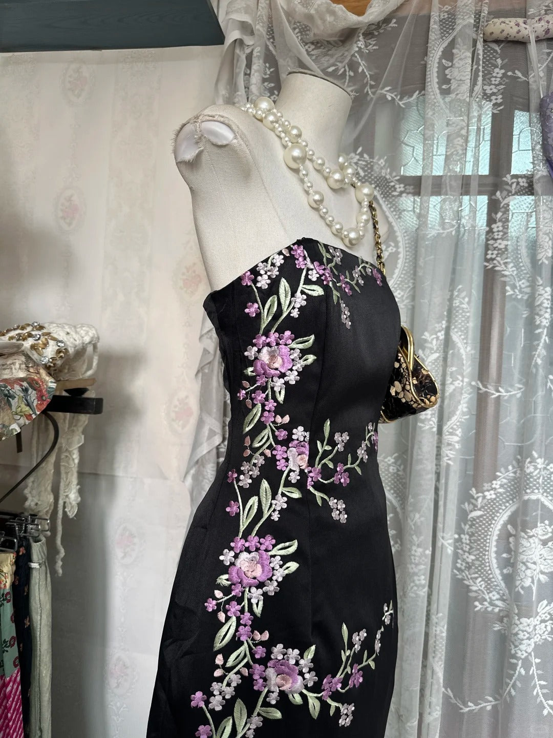 Girlhomeshops-Black floral long satin Prom dress evening dress birthday party dress gh5183
