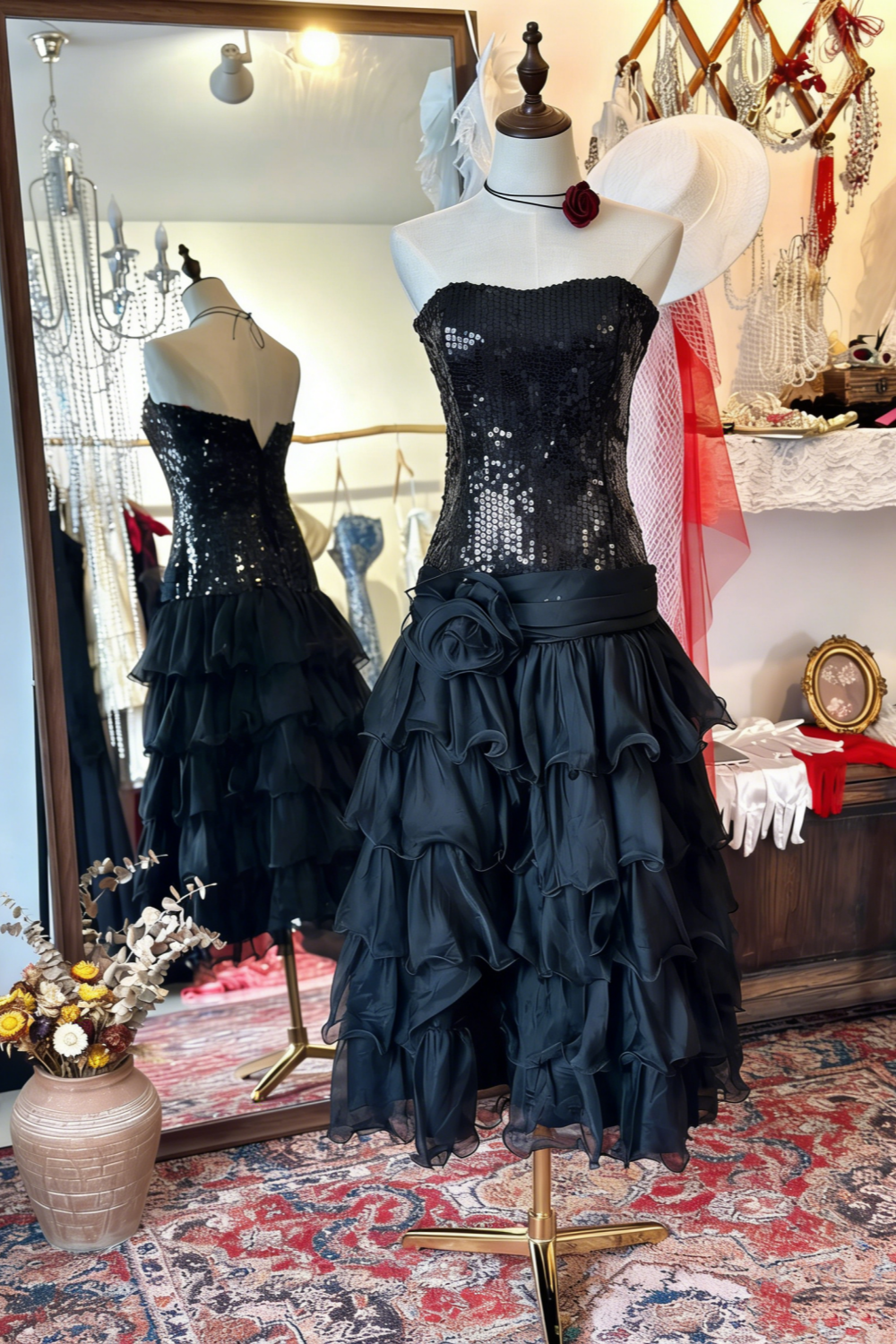 Schwarzes Kleid im Retro-Hot-Girl-Stil: Bandeau-Taille, Paillettenstoff, ein echter Hingucker für Dates (gh6584)