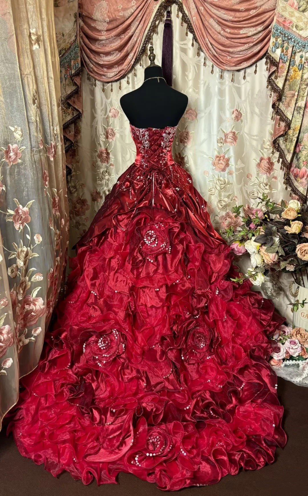 Robe de soirée longue en satin et tulle, magnifique robe de bal rouge perlée gh4826