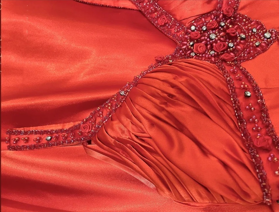 Red Vintage Floral Long Satin Prom Dress Birthday Party Dress Evening Dress gh4413