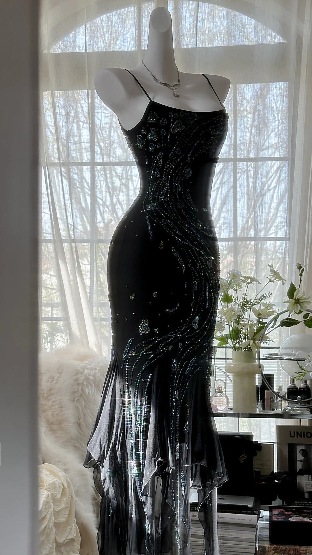 Black Shiny Luxury Gorgeous Exquisite Beaded Long Mermaid Mermaid Dress Chiffon Fairy Ball Dress Evening Dress Wedding Guest Party Dress Prom Dress Date Dress Graduation Dress gh3992