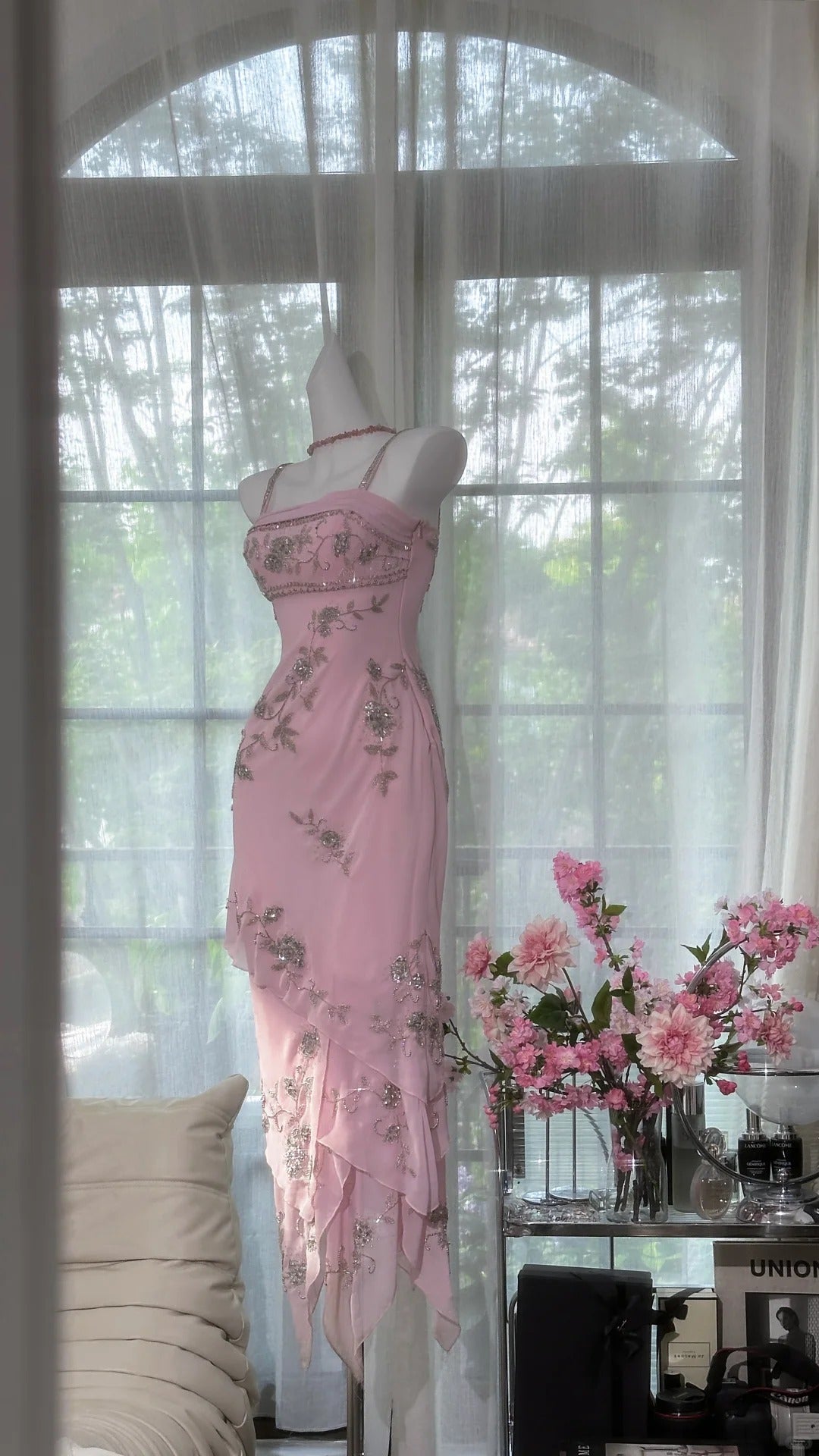 Pink Floral Beading Elegant Long Chiffon Ball Gown Evening Dress Party Dress gh4750