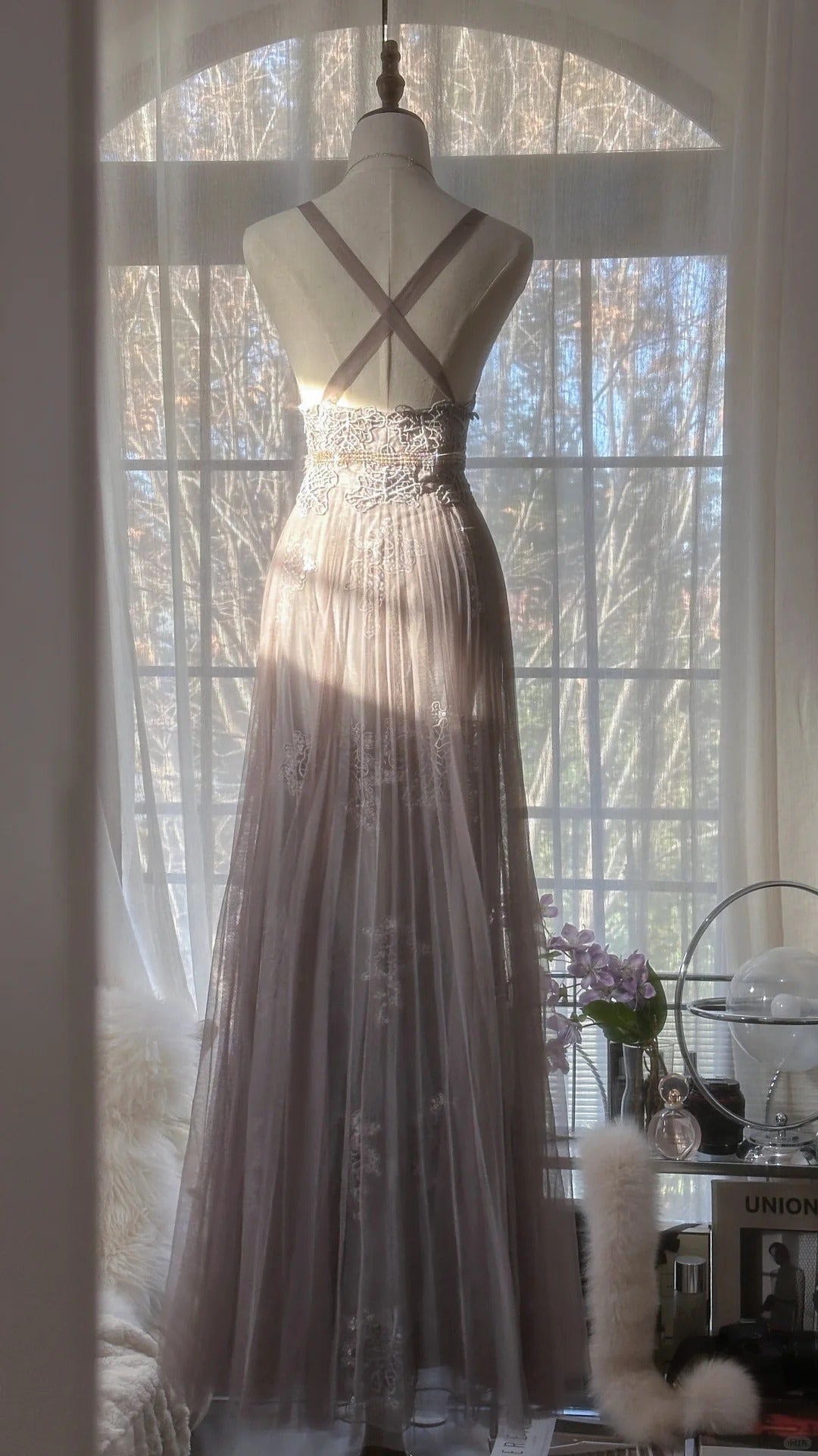 Gray Purple Romantic Fashion Elegant Exquisite Lace Floral Applique Long Tulle Fairy Ball Gown Evening Dress Birthday/Wedding Guest/Holiday Party Dress Prom Dress Valentine's Day Date Dress Bridesmaid Dress gh4031