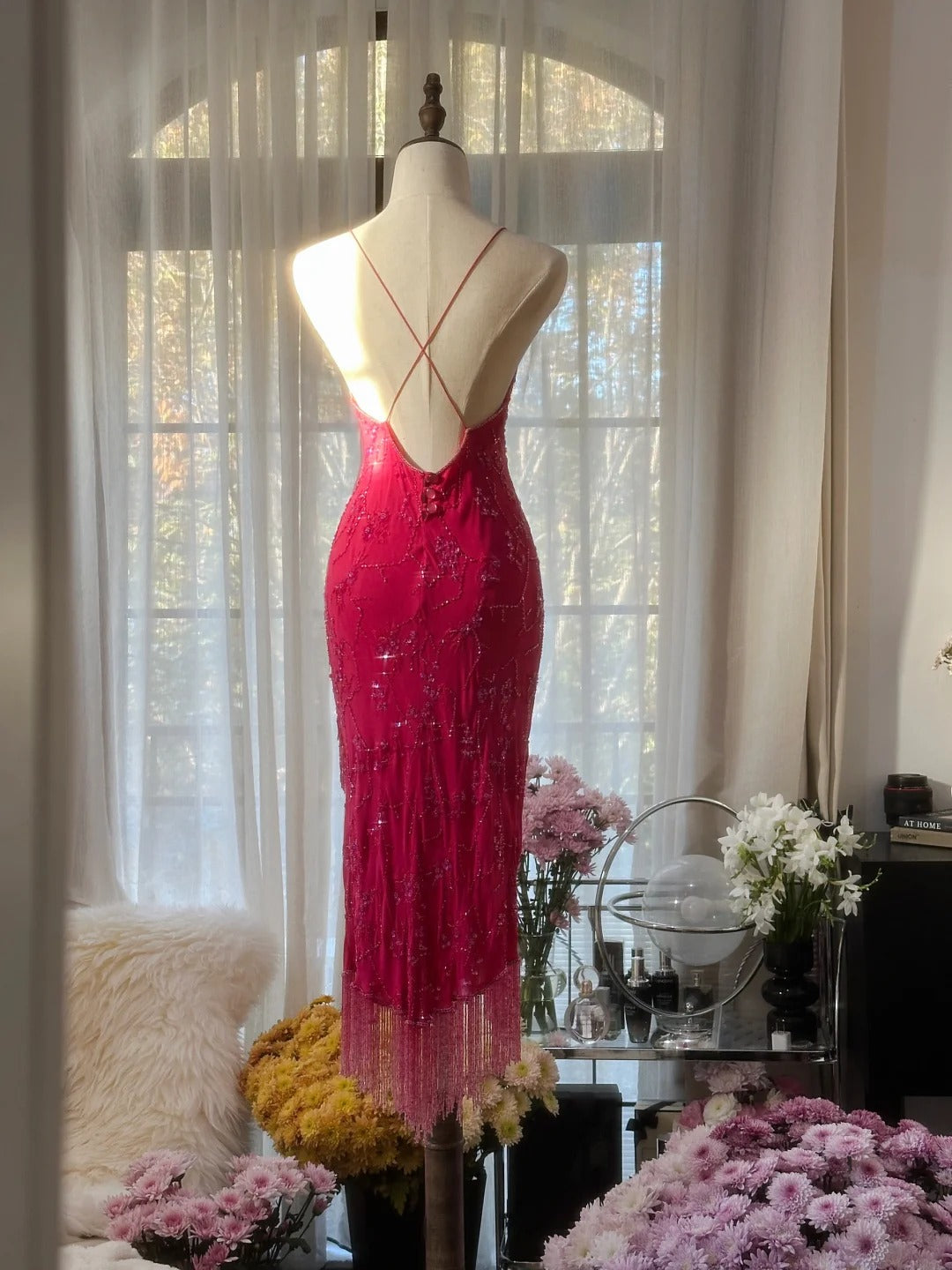 Robe de soirée sirène en mousseline de soie, élégante et raffinée, à bretelles spaghetti, mi-longue/courte, avec perles, robe de bal, robe d'anniversaire, robe de bal, robe de mariée, gh4098