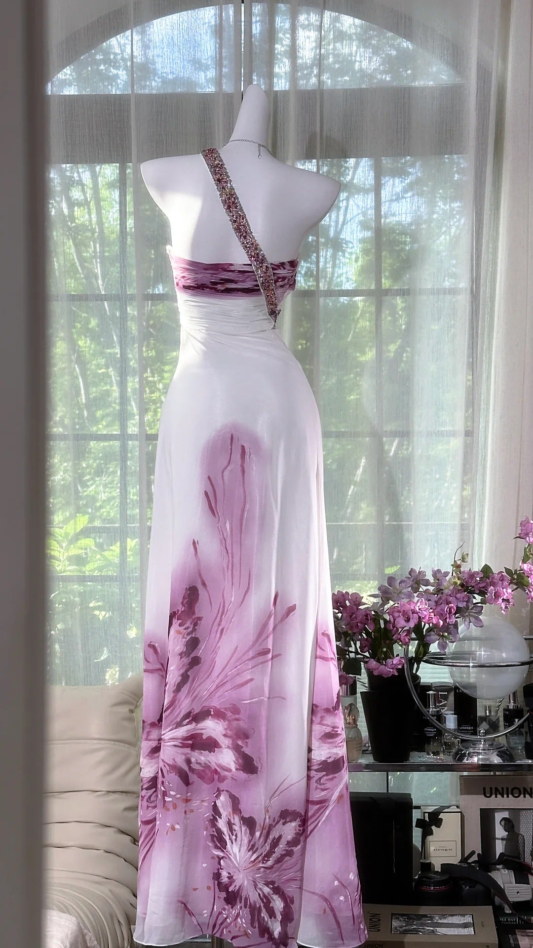 Girlhomeshops-Purple Beaded Floral Elegant Long Chiffon Prom Dress Evening Dress Party Dress Date Dress gh5081