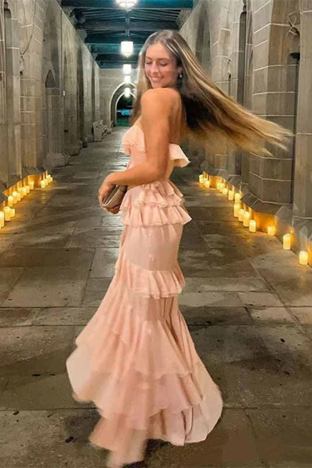 Pink Chiffon Ruffles Long Flowing Elegant Evening Dress Wedding Guest Party Dress Holiday Party Dress gh3138