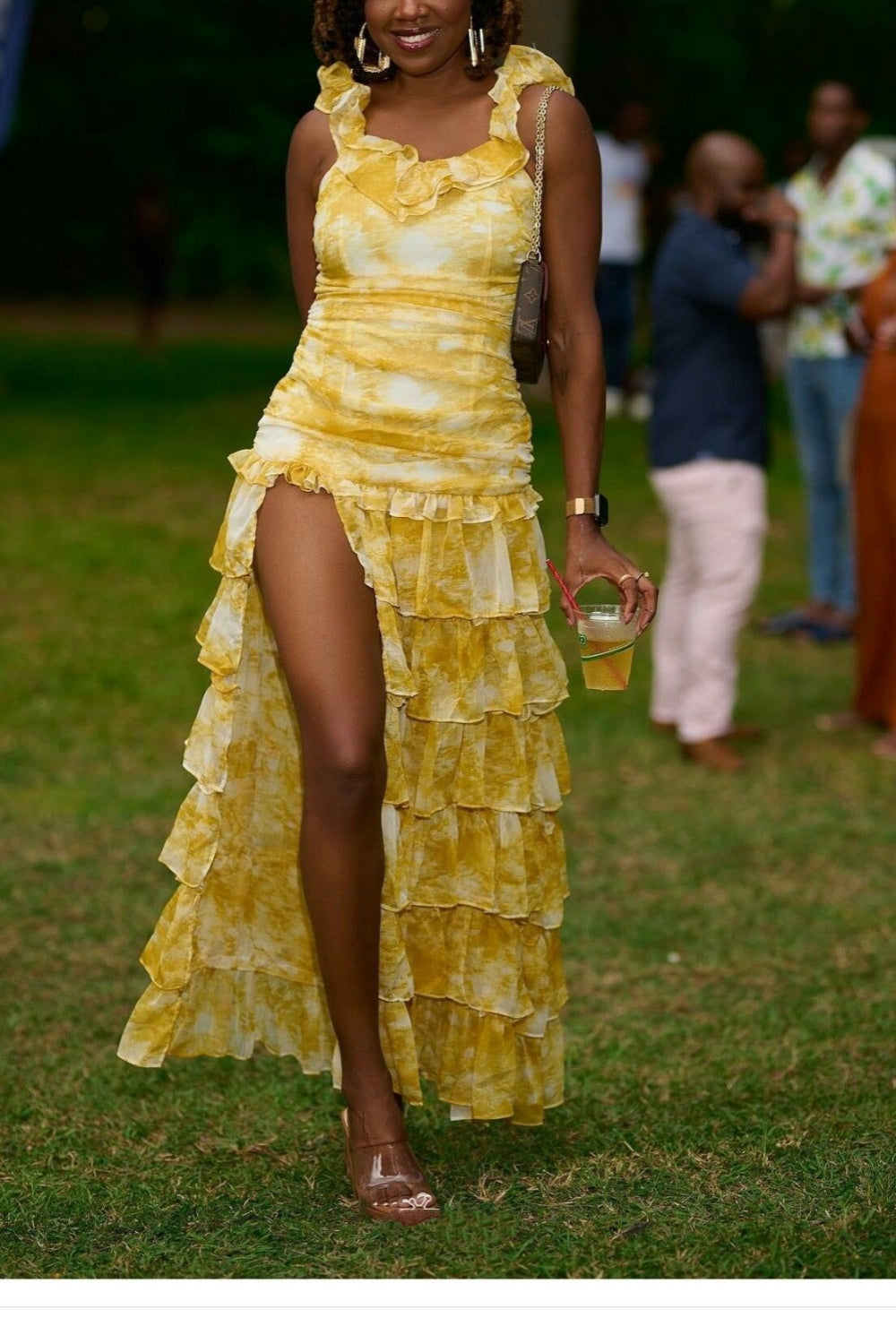 Girlhomeshops-Yellow sexy elegant floral ruffle long chiffon garden party dress wedding guest gown gh5205