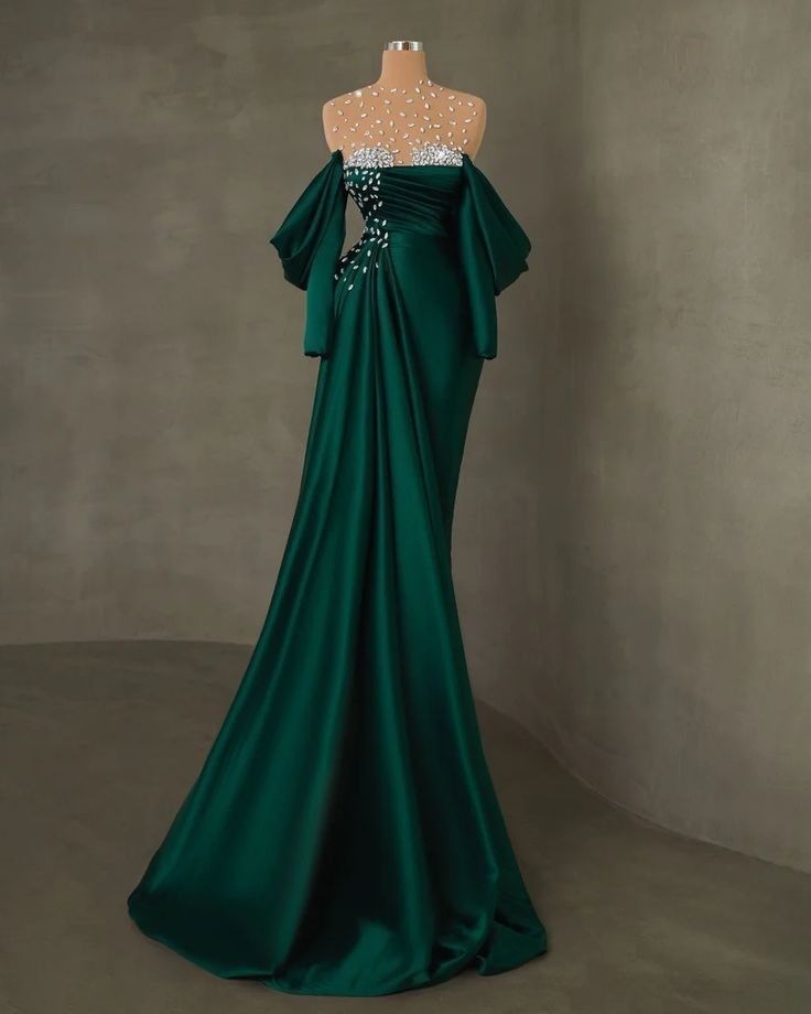 Girlhomeshops - Robe de soirée longue en satin vert à perles, élégante, gh5032
