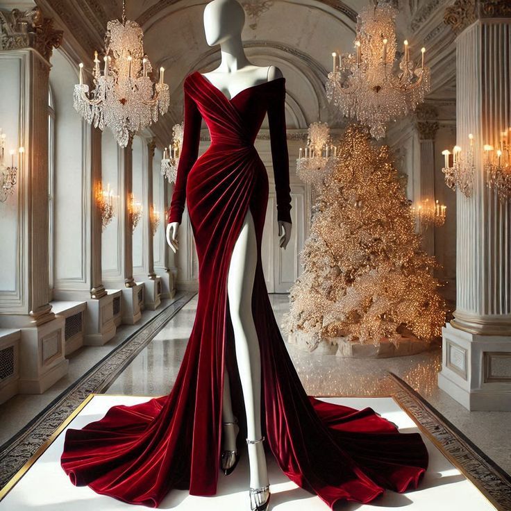 Girlhomeshops - Burgunderrotes, modisches, langes Ballkleid aus Samt mit Schlitz und langen Ärmeln, gh5426