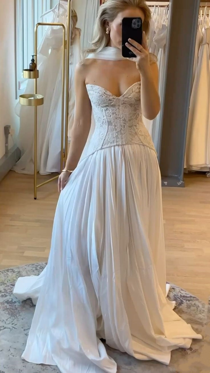 girlhomeshops-White, delicate lace long gown for bride gh6174