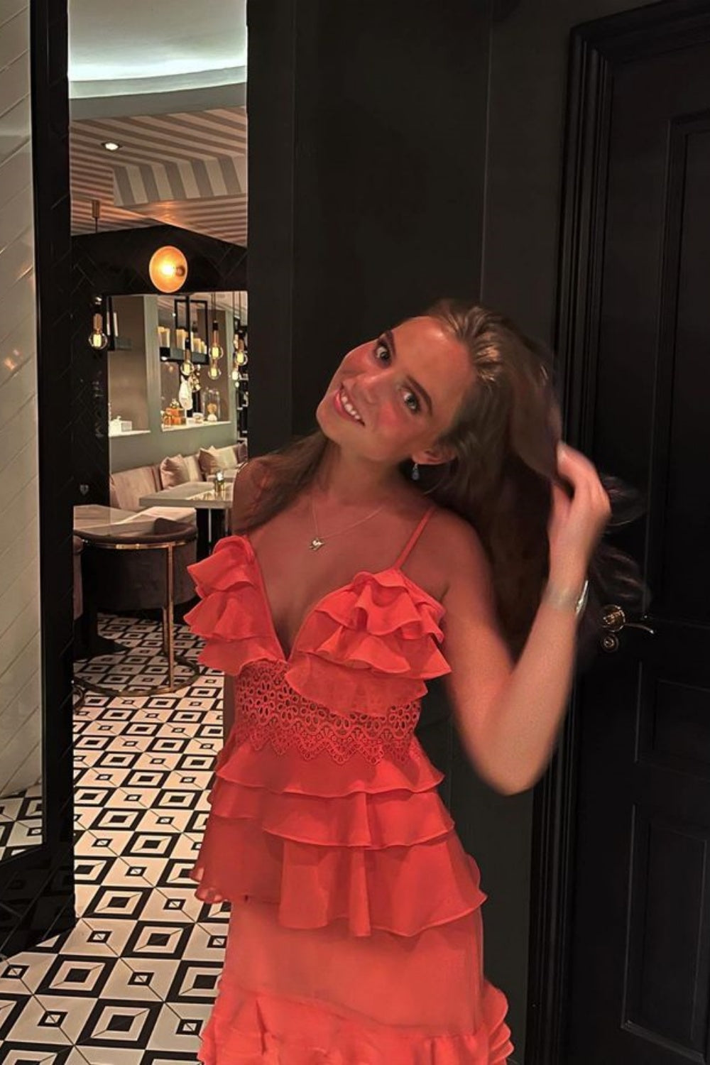 Orange Fashion Spaghetti Strap Long Chiffon Ruffle Evening Dress Wedding Guest Dress Party Dress gh3137