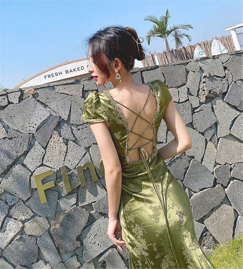 Girlhomeshops-Green open back elegant dress, French country style dress, wedding guest dress, prom dress, birthday dress, evening dress, party dress gh5157