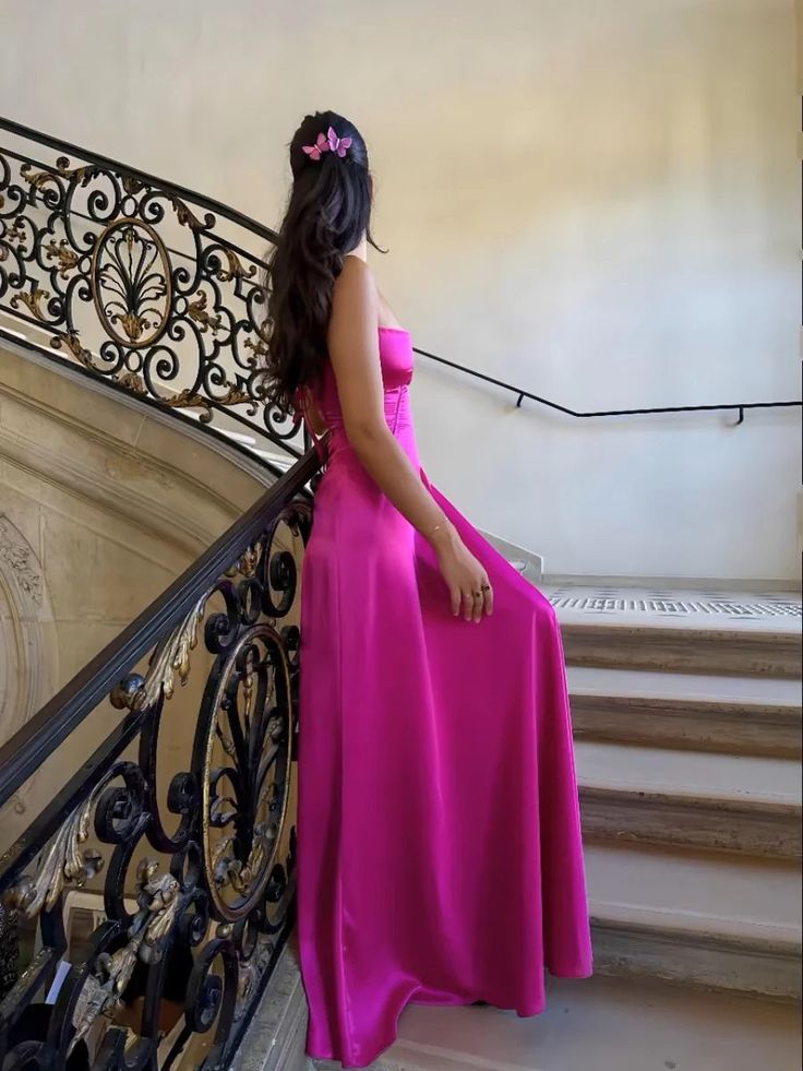 Robe de soirée longue à bretelles spaghetti et ligne A rose et violet sexy gh3021