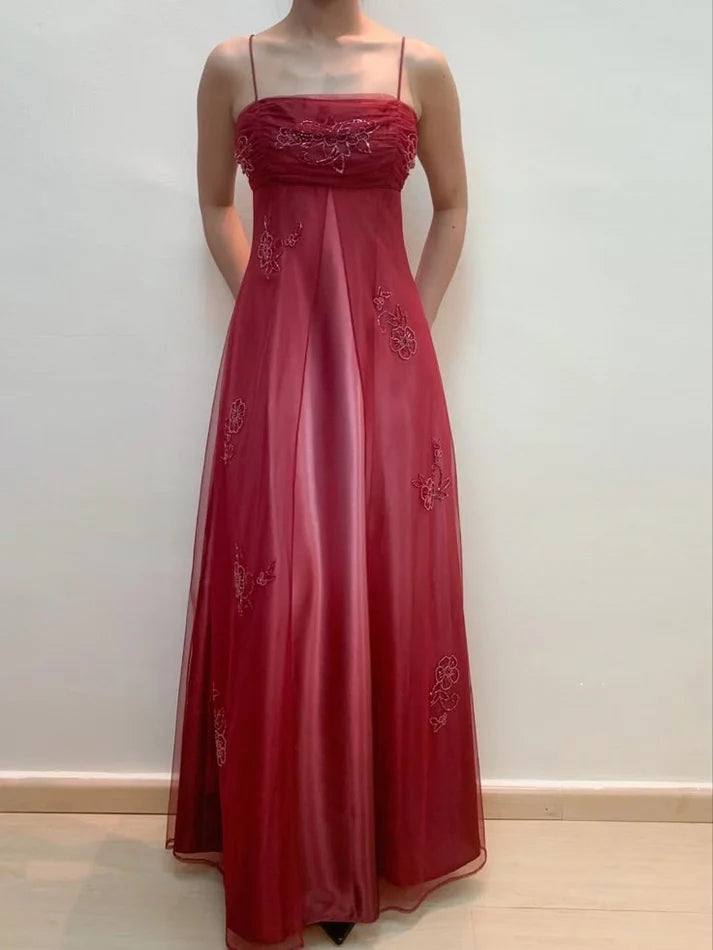 Red Fashion Elegant Exquisite Embroidery Beading Spaghetti Strap Long Tulle Ball Gown Evening Gown Party Dress gh3409