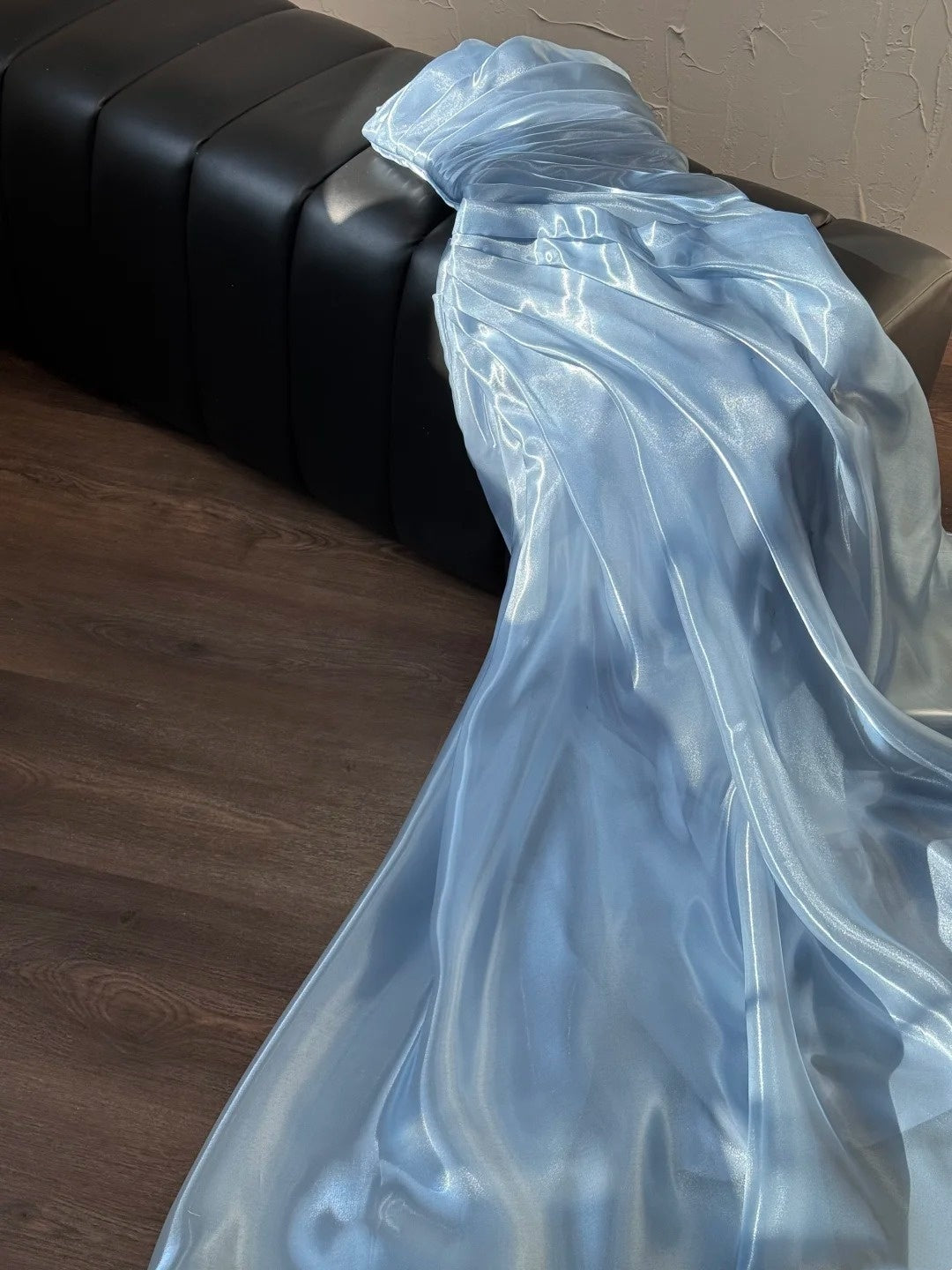 Dusty Blue Strapless Shimmering Organza Mermaid Gown with Ruched Bodice & Train gh7095