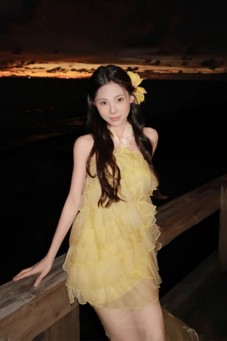 Robe de plage jaune, robe de soirée, robe en mousseline gh6634