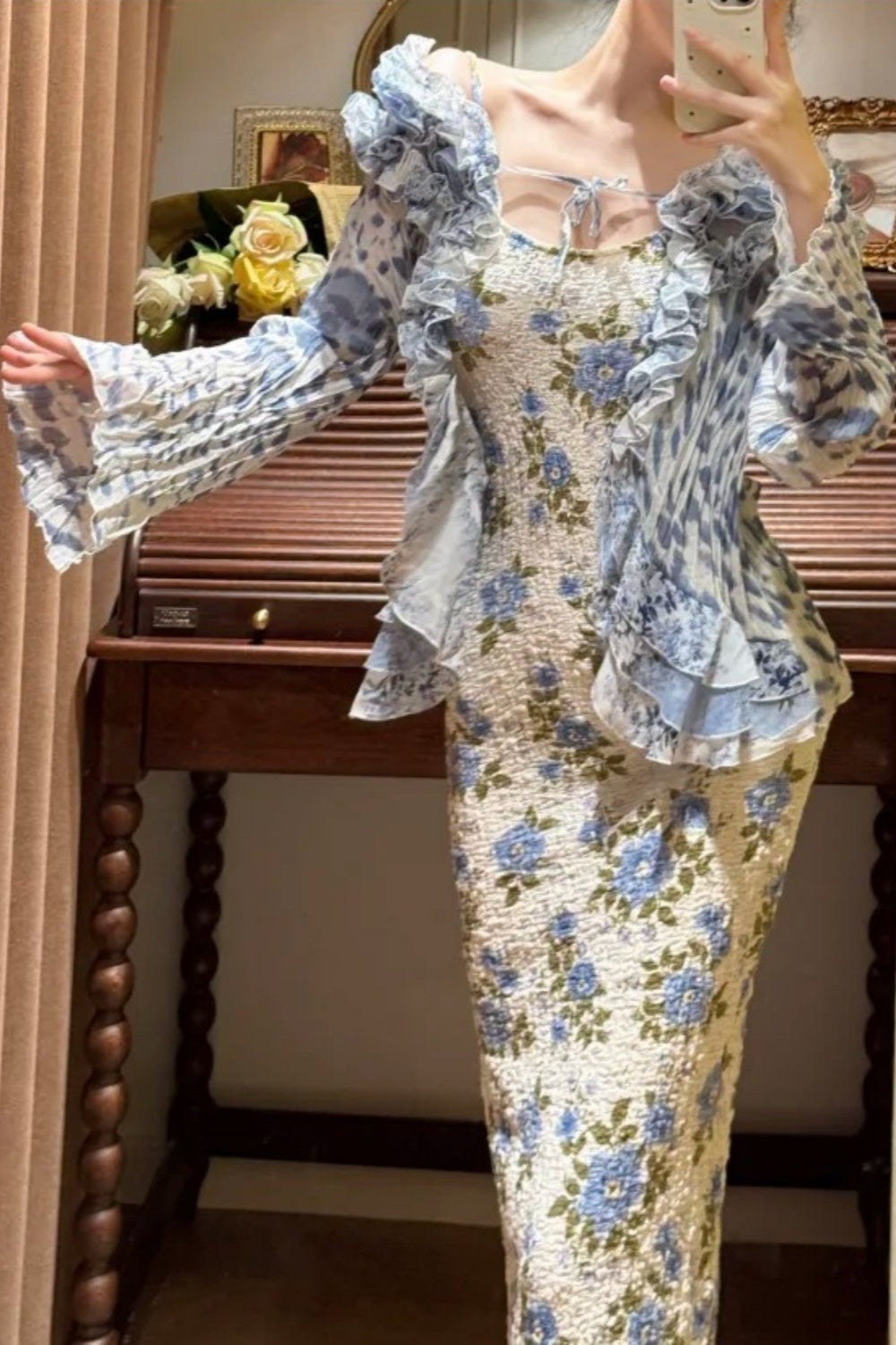 girlhomeshops-(Excluding jacket)Blue Floral Long Chiffon Prom Dress gh5977