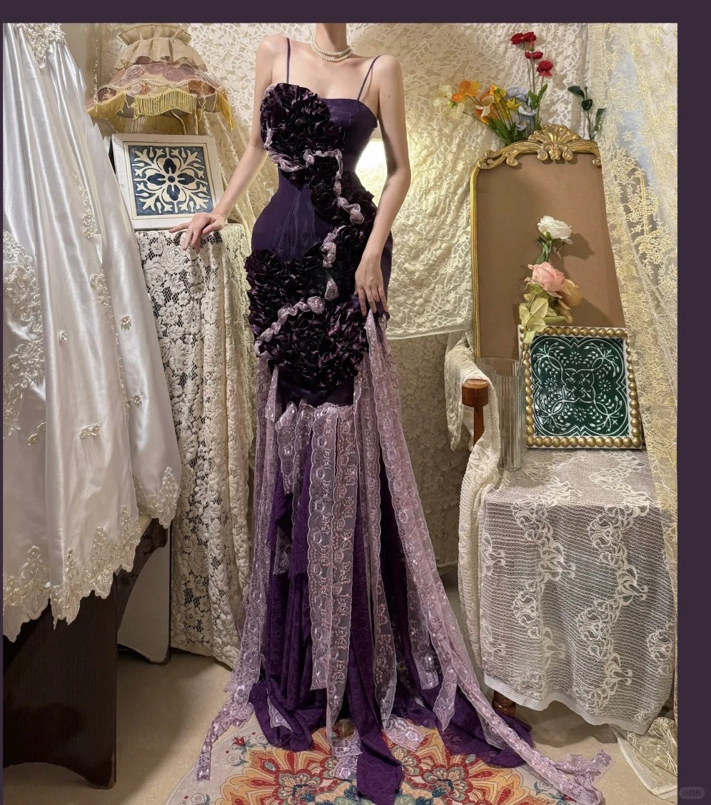 Purple Vintage Elegant Unique Long Floral Satin Prom Dress Evening Dress Graduation Dress gh4256