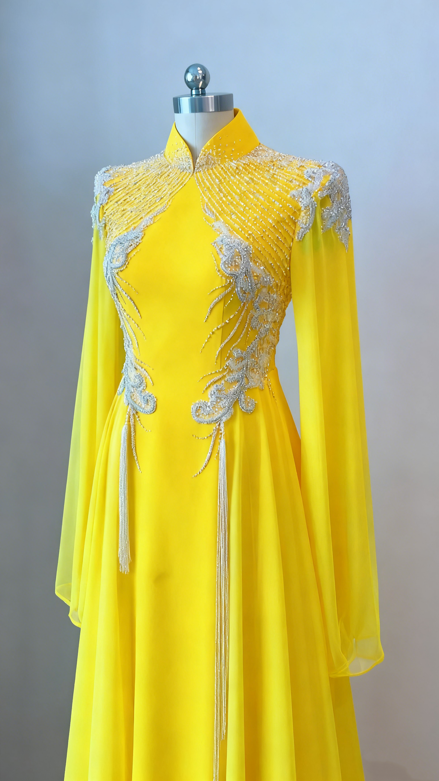 Bright Yellow Satin Mandarin Collar Long-Sleeve Beaded Mother's Formal Evening Gown gh6392