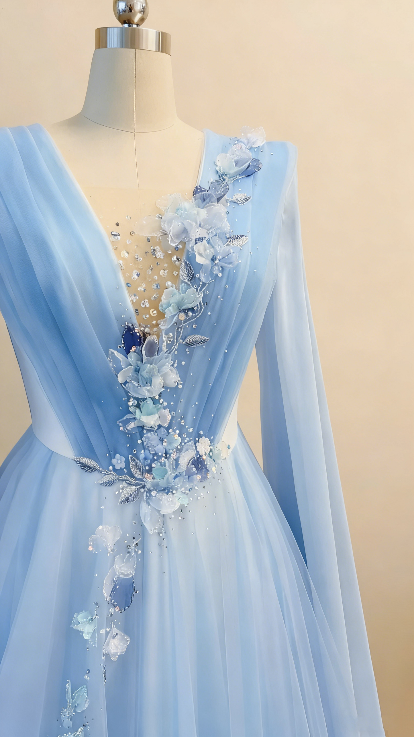 Ice Blue Sheer Long-Sleeve 3D Flower Train Gown gh6393