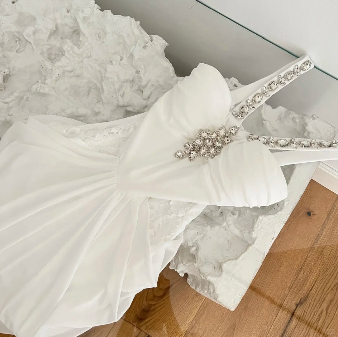 Robe de soirée longue en mousseline de soie, robe de bal blanche à licou et diamants lourds, gh4333