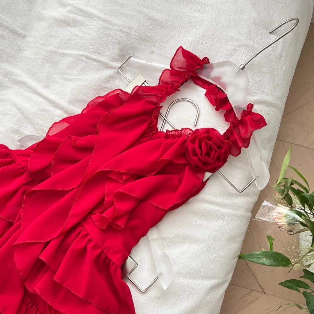 Red floral homecoming dress short chiffon summer beautiful seaside vacation sexy halterneck two piece set gh4561