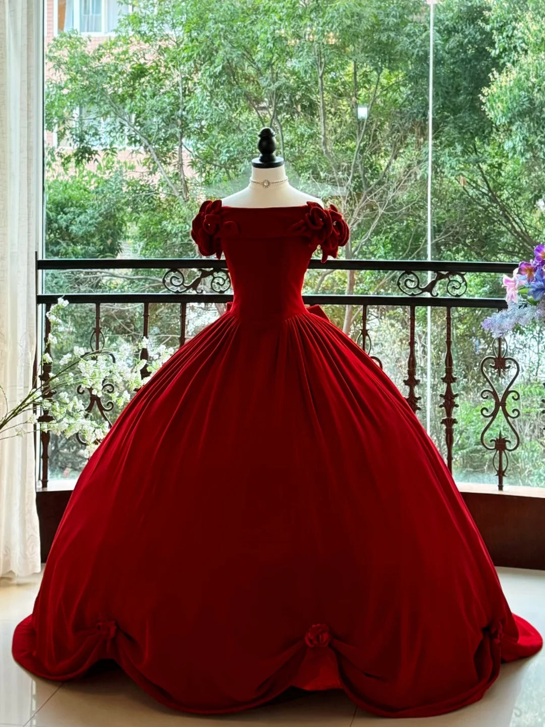Girlhomeshops - Robe de Quinceanera longue en velours bordeaux, élégante et rétro, robe de bal, robe de remise de diplôme, princesse gh5005