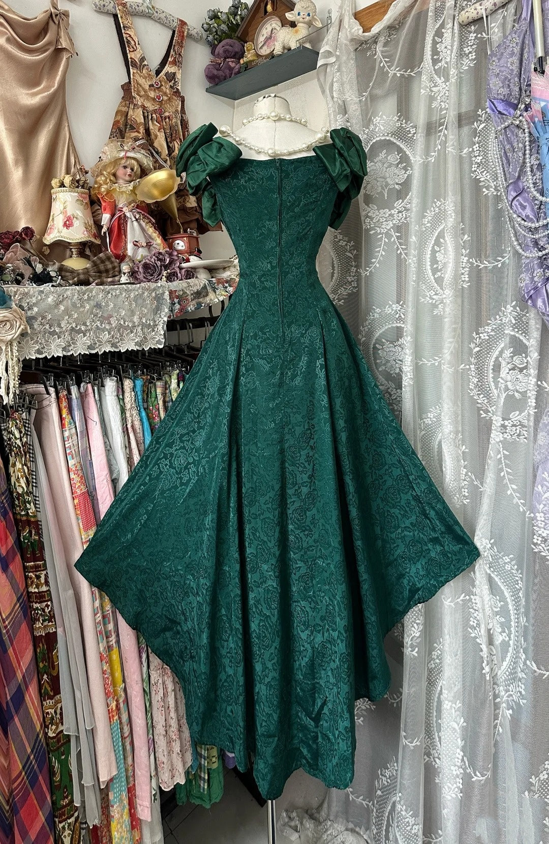 girlhomeshops-Dark Green Jacquard Lace Bow - Decorated Off - Shoulder Floor - Length Dress gh5895