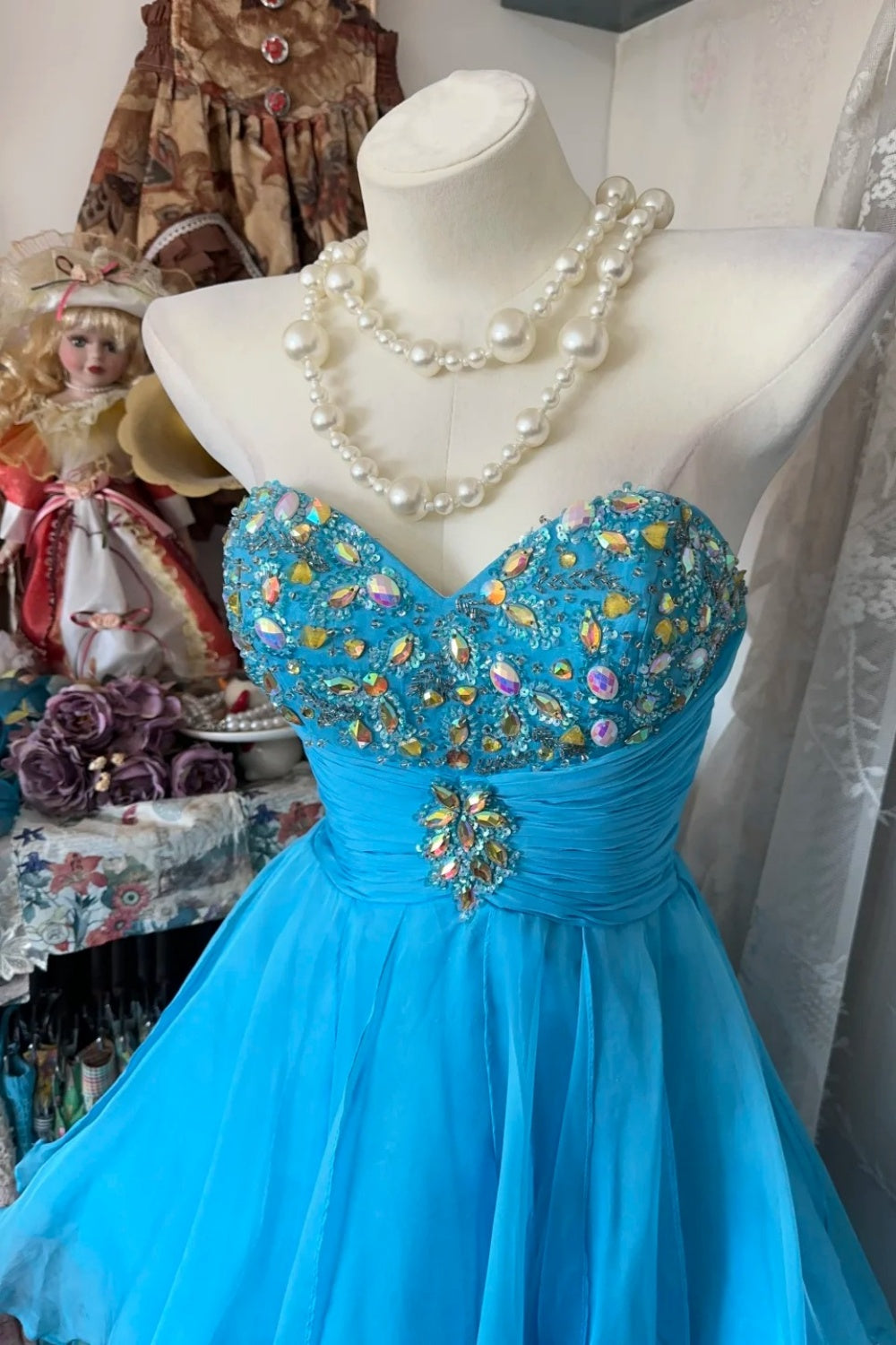 robe courte en mousseline bleue à encolure cœur girlhomeshops gh6127