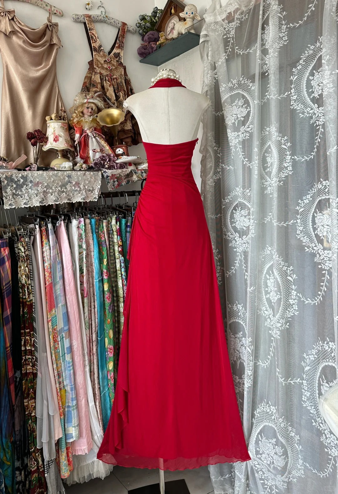 Girlhomeshops-Rote Hosenträger, modisch, rückenfrei, Retro, lang, Chiffon, Ballkleid, Geburtstagspartykleid, gh5433