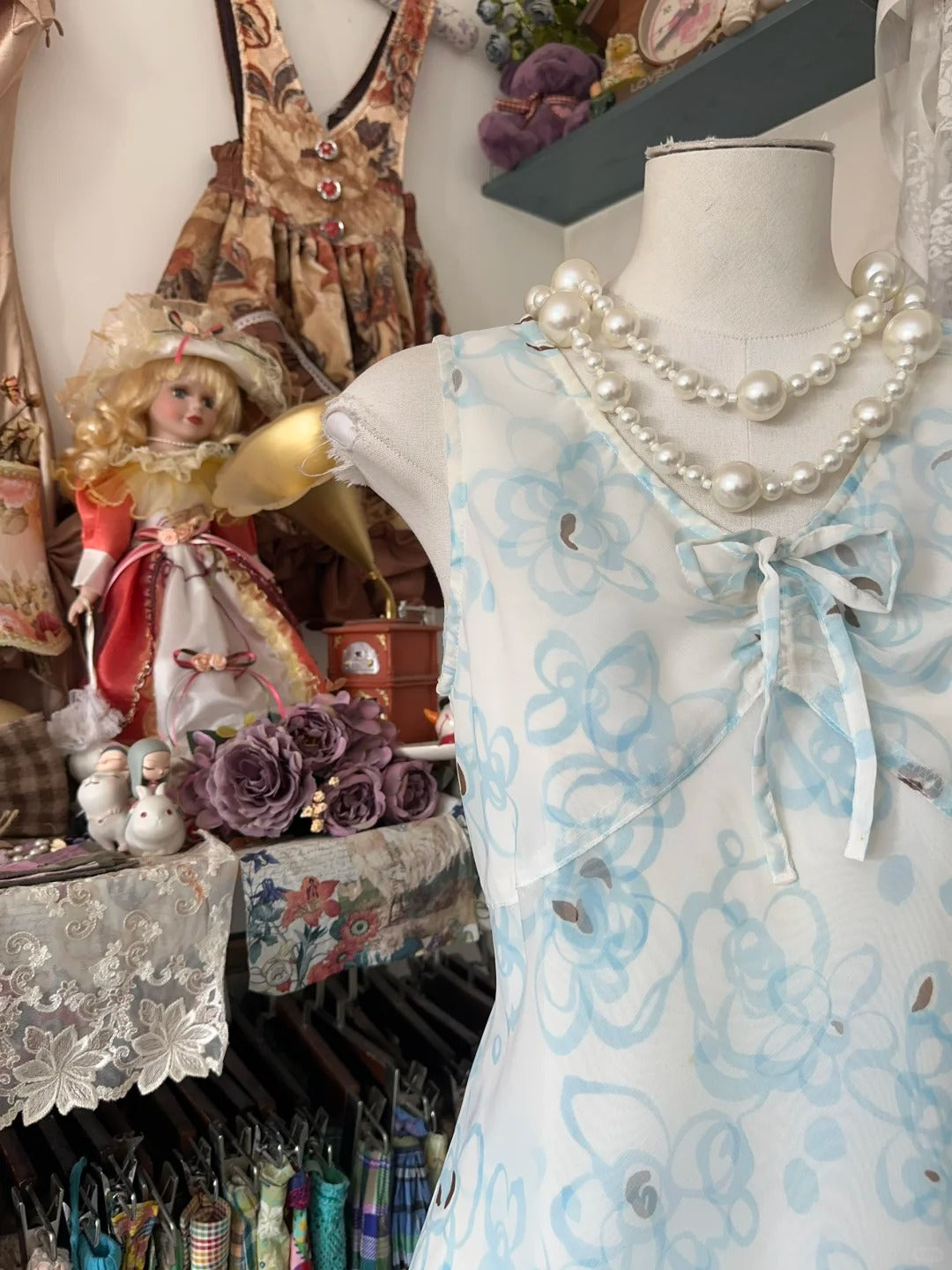 Girlhomeshops-Blue Floral Midi Chiffon Homecoming Dress Party Gown gh5247