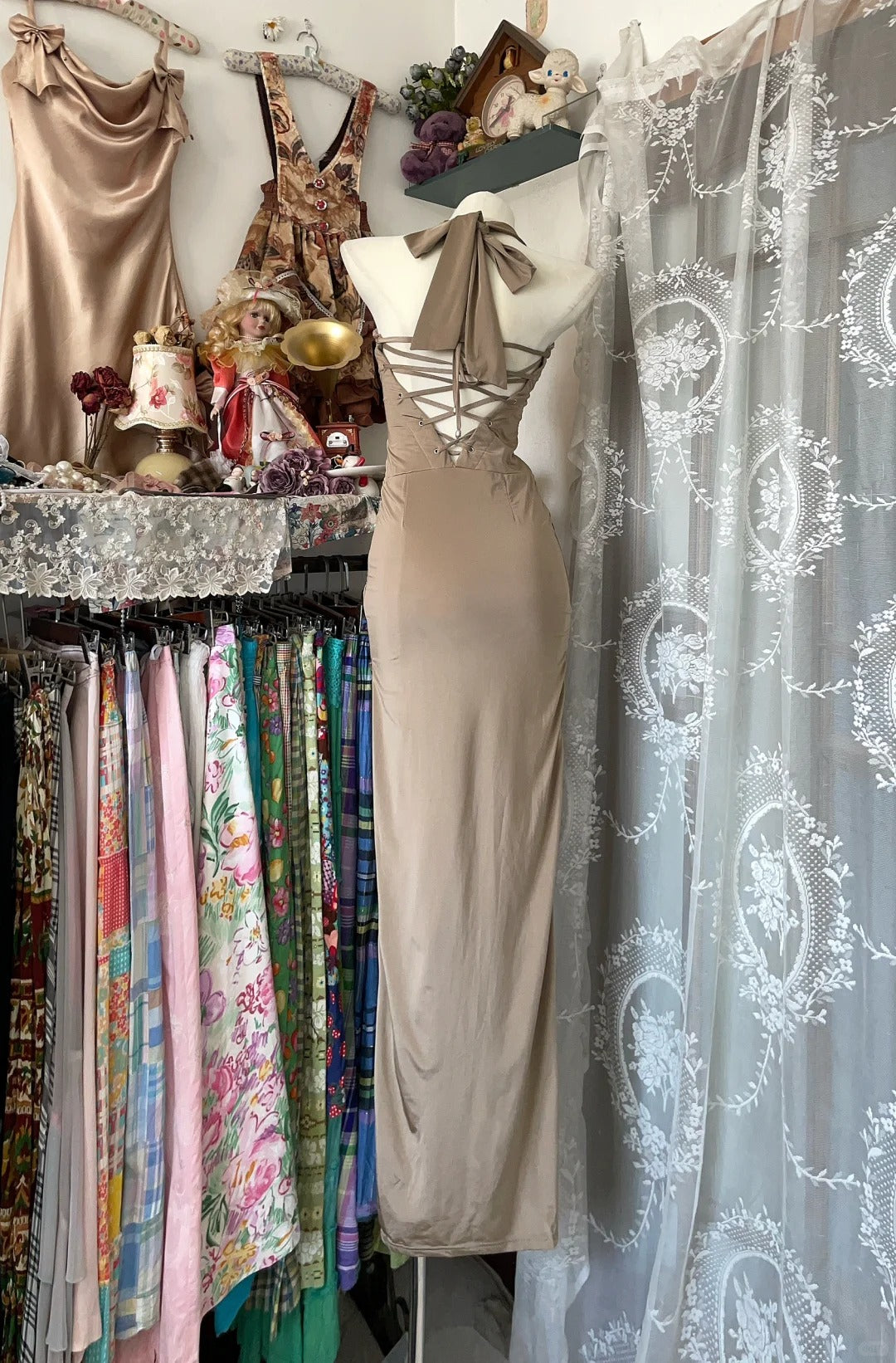 Girlhomeshops-Light Brown Mermaid Long Bodycon Satin Prom Dress Evening Dress Party Dress gh5245