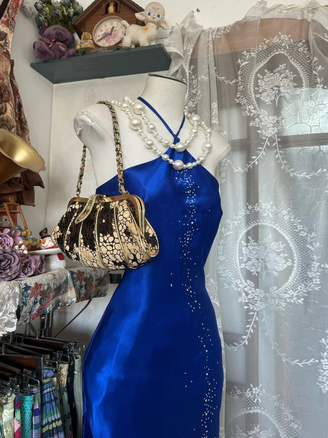 girlhomeshops-Royal Blue Satin Beaded Halter Sleeveless Floor-Length Mermaid Gown gh6324