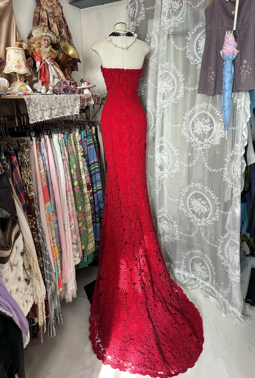 Exquisite red lace fishtail long evening gown gh6684
