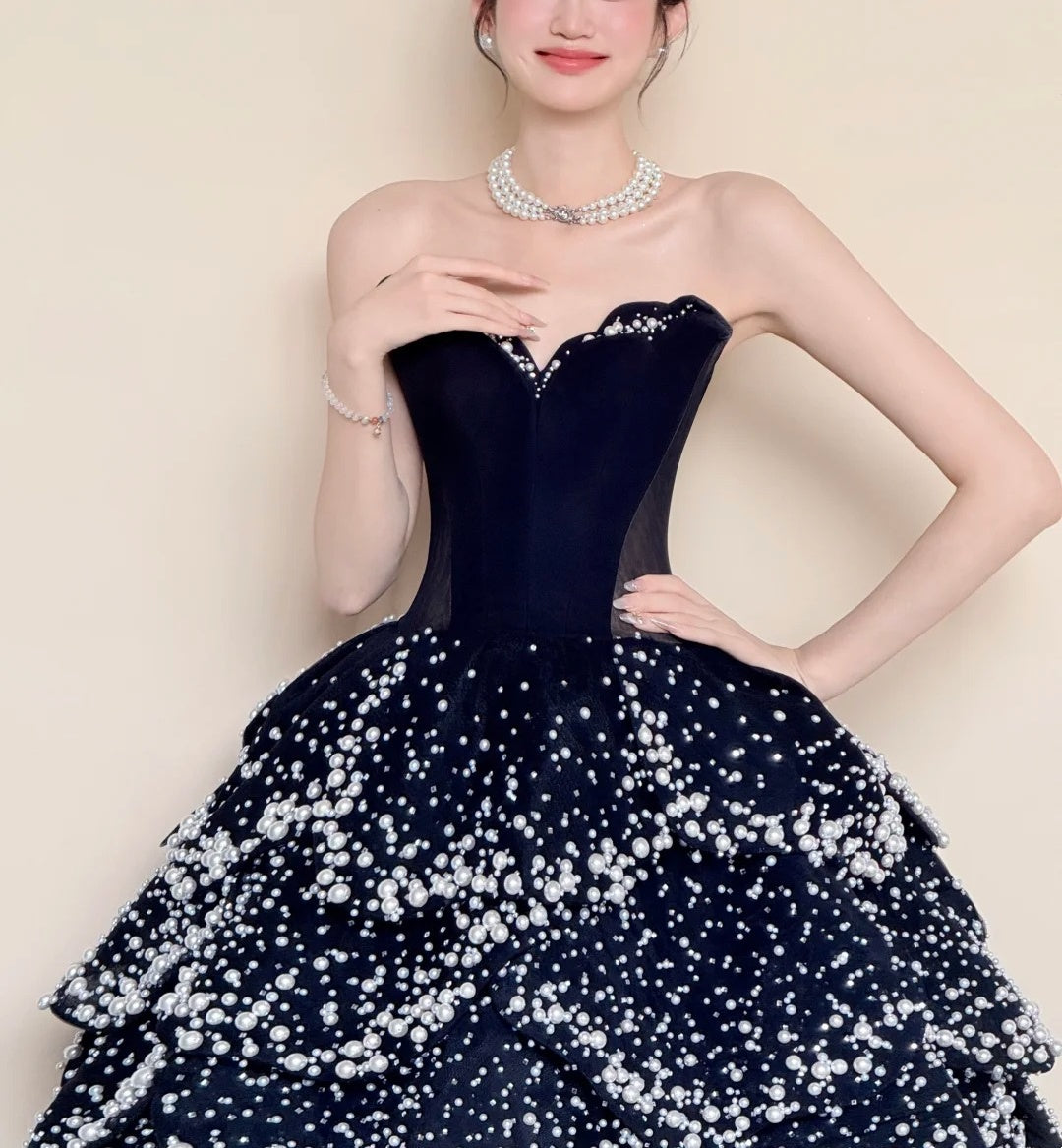 girlhomeshops-Black Luxurious Pearl Beaded Long Satin Floor-Length Ball Gown gh5979