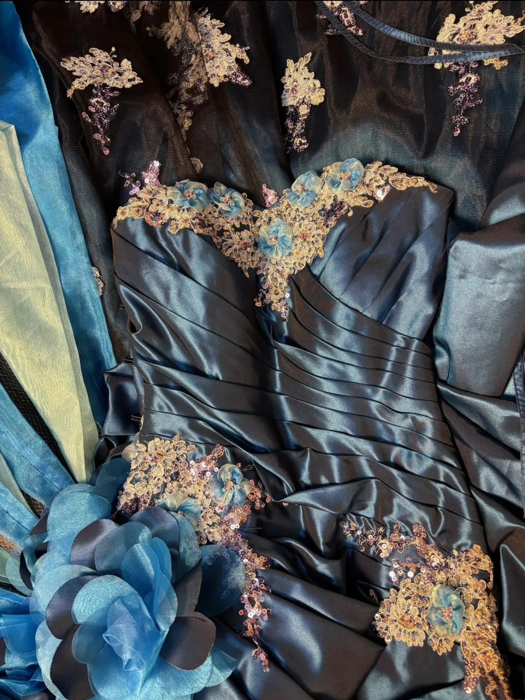 Luxury Court Style Deep Sea Blue Gradient Satin Embroidered Train Gown - Theme Ball & Dinner Dress gh6543