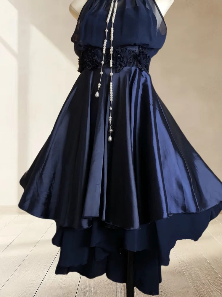 girlhomeshops--Navy blue satin retro halter neck elegant satin simple homecoming dress gh5699