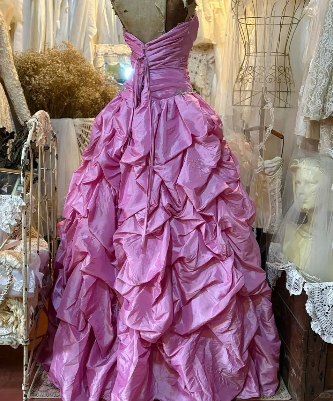 Girlhomeshops-Pink Applique Vintage Elegant Long Satin Ball Gown Evening Dress Party Dress gh5046
