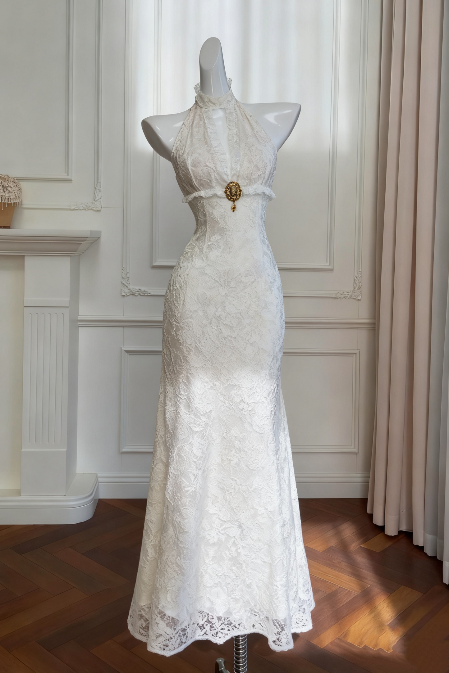 girlhomeshops-Vintage Lace Jacquard Halter Evening Dress, Long Sleeveless Elegant Party Gown gh5902