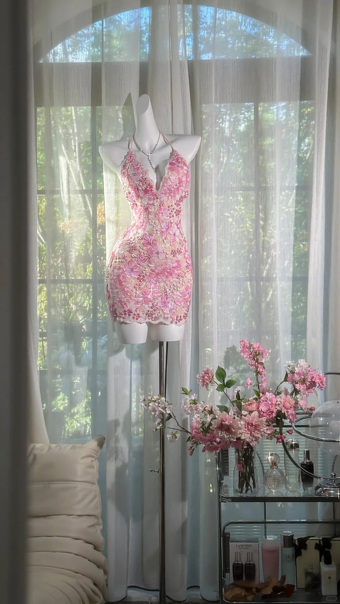 girlhomeshops-New Pink Floral Exquisite Beaded Short Lace Homecoming Dress Birthday Party Dress gh5803