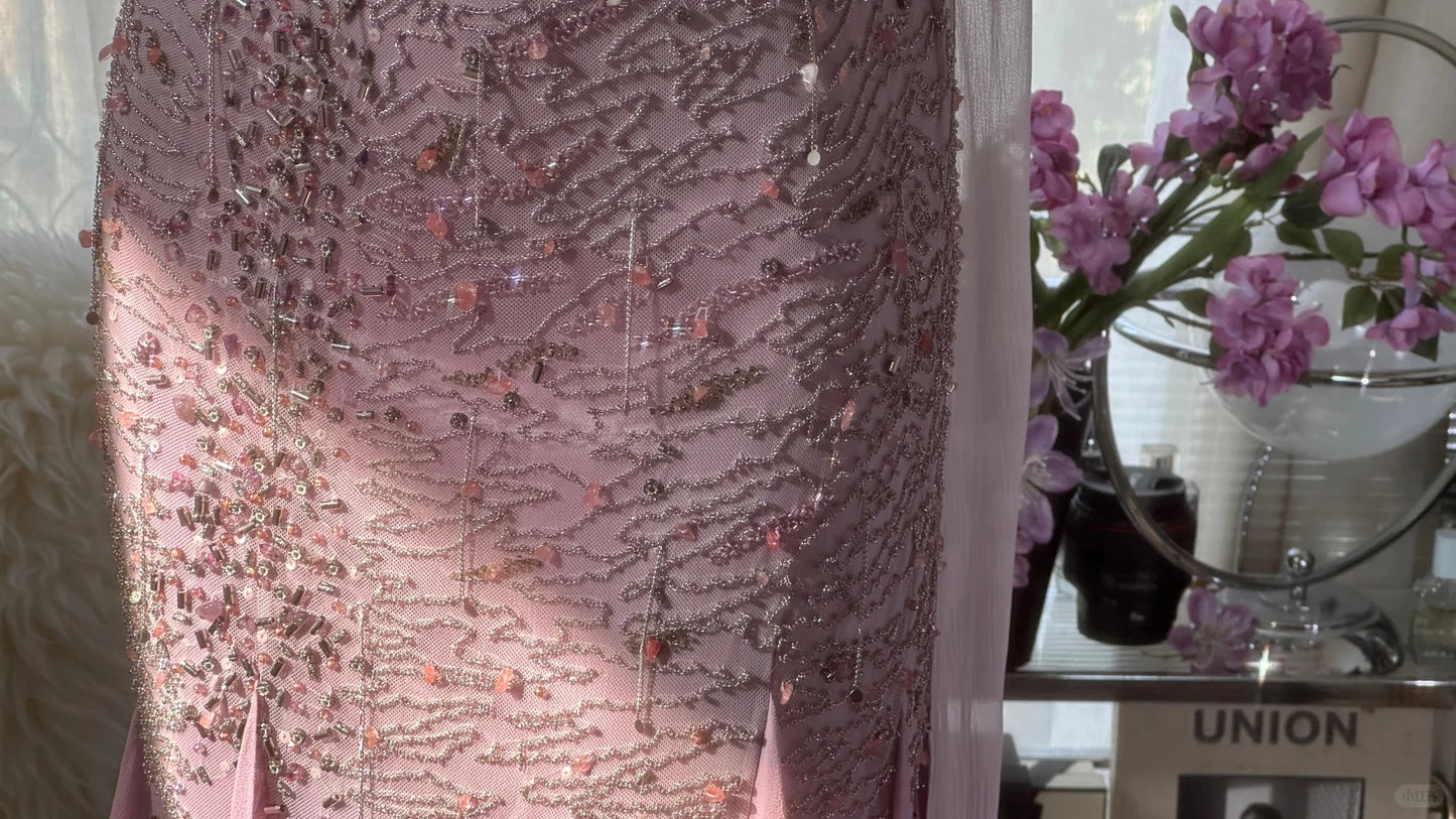 Rosa Lila Elegant Romantisch Exquisite Perlen Langes Chiffon Ballkleid Abendkleid Geburtstags-/Hochzeitsgast-/Urlaubspartykleid Ballkleid gh4021