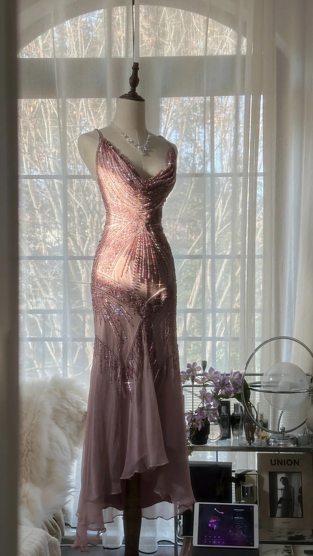 Robe de soirée longue en tulle et mousseline de soie, élégante et raffinée, à bretelles spaghetti, rose, romantique, à volants, gh4059