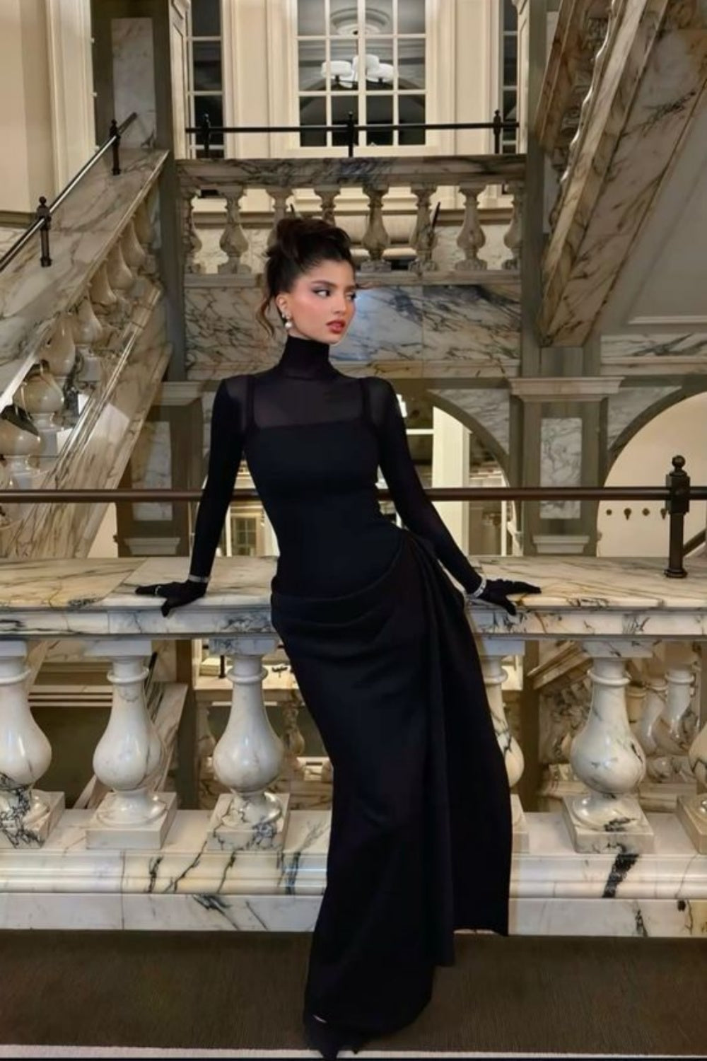 girlhomeshops-Black Long-Sleeved Satin Long Dress gh6252