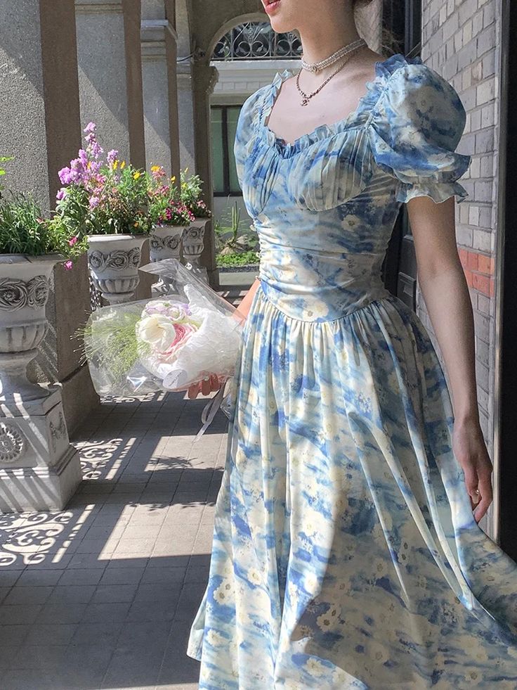Blue Floral Elegant Long Chiffon Homecoming Dress Ball Gown Evening Dr –  girlhomeshops